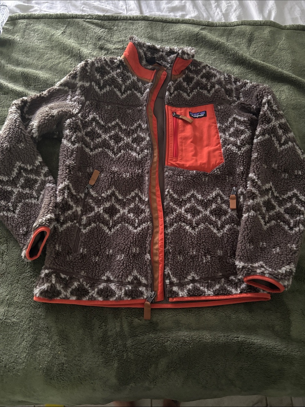 Patagonia Brown Sherpa Fleece Jacket with Orange Accents
